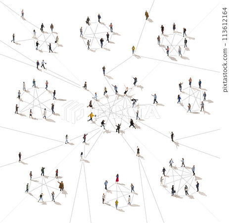 Aerial view of different people connected with lines isolated on white. Social media, business, online communication. Engagement and interconnectedness. 113612164