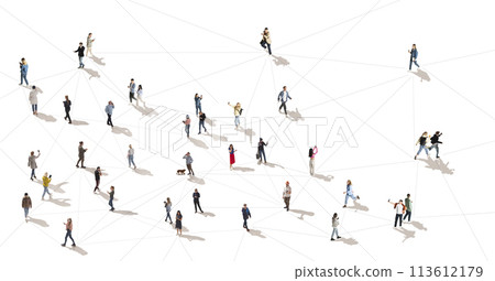 Aerial view on group of different people, men and women in motion, walking and using various gadgets, mobile phone and tablet, connected with line, isolated on white 113612179