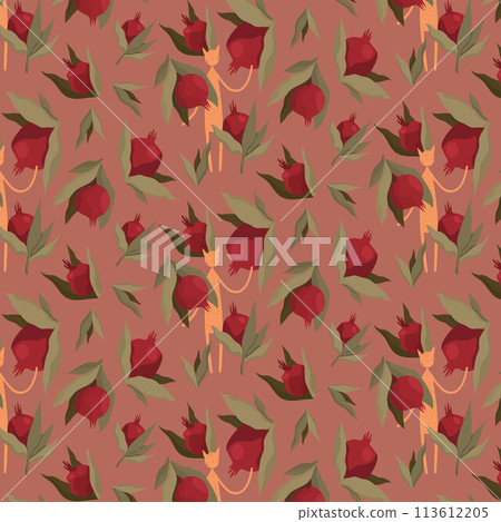 Seamless pattern with cat and pomegranate. Cute cats and fruits on red background. Animal texture. Seamless pattern with cat and pomegranate. Cute cats and fruits on red background. Animal texture. 113612205