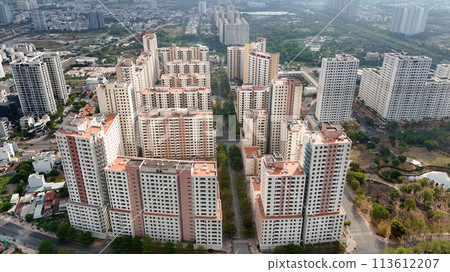 Aerial view from drone, group of Highrise apartment building, real estate for family living, many block with flats from property developing at Ho chi Minh, Asia city, Vietnam 113612207