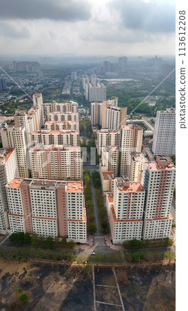 Aerial view from drone, group of Highrise apartment building, real estate for family living, many block with flats from property developing at Ho chi Minh, Asia city, Vietnam 113612208