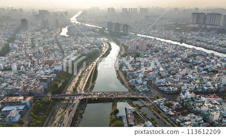 Ho chi Minh city aerial view with canal system, overcrowded rive 113612209