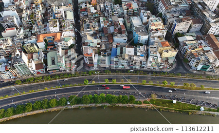 Amazing aerial view by drone of Ho Chi Minh, big Asian city with crowded townhouse, vehicle circulate on street move to intersection, house close together of residence area, cityscape skyline at Amazing aerial view by drone of Ho Chi Minh, big Asian city with crowded townhouse, vehicle circulate on street move to intersection, house close together of residence area, cityscape skyline at 113612211