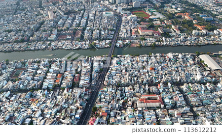 Amazing Aerial view of big Asian city, Ho Chi Minh scene, crowde 113612212