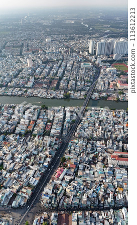 Amazing Aerial view of big Asian city, Ho Chi Minh scene, crowde 113612213