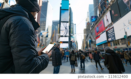 a curious tourist stands clutching a smartphone with a blank, white screen in a foreign city  a curious tourist stands clutching a smartphone with a blank, white screen in a foreign city  113612400