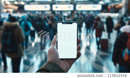 a curious tourist stands clutching a smartphone with a blank, white screen in a foreign city  113612416