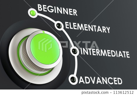 Beginner level, learning and improvement language concept with scale knob. 3D rendering Beginner level, learning and improvement language concept with scale knob. 3D rendering 113612512