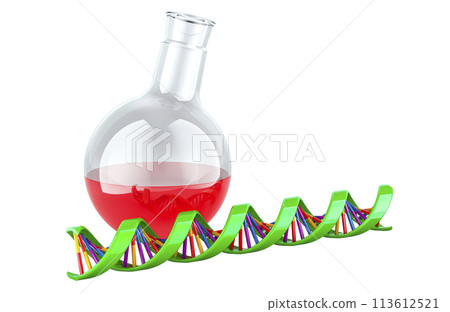 DNA spiral with chemical flask. Biotechnology research, concept. 3D rendering 113612521