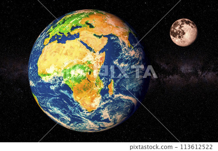 Earth and Moon in the space, 3D rendering 113612522