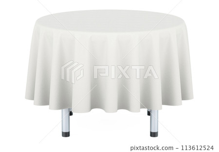 Empty round table with white table cloth. 3D rendering 113612524