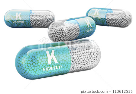 Vitamin K capsules, phylloquinone. 3D rendering 113612535