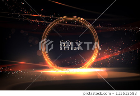 Composition with a shiny round frame and a round podium with glitter on a dark background 113612588