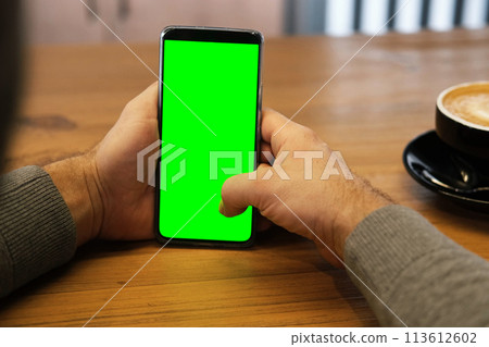 Young man sitting at cafe holding smartphone green mock-up screen in hand. Male person using chroma key mobile phone. Vertical mode. Touching, swiping display, tapping, surfing internet social media 113612602