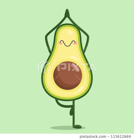 Cute cartoon character Avocado doing yoga. Healthy eating and fitness concept. Avocado in yoga pose. Vector illustration 113612669