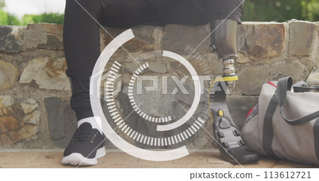 Image of rotating circular scanner over male athlete with prosthetic leg using smartphone Image of rotating circular scanner over male athlete with prosthetic leg using smartphone 113612721