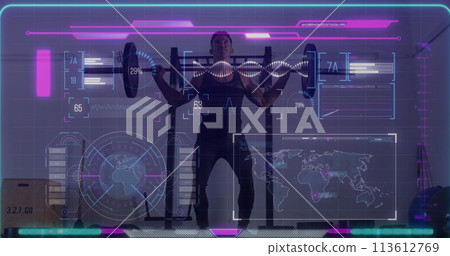 Image of interface processing data over man lifting barbell weights Image of interface processing data over man lifting barbell weights 113612769