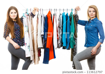 Happy women clothes shopping Happy women clothes shopping 113612797