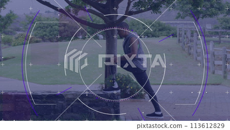 Image of circular scope processing over male athlete with prosthetic leg exercising outdoors Image of circular scope processing over male athlete with prosthetic leg exercising outdoors 113612829