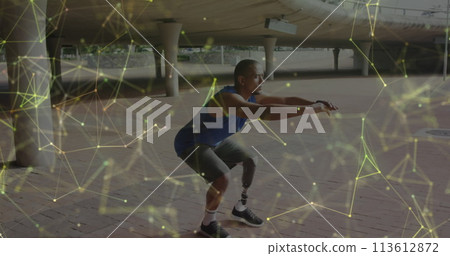 Image of yellow communication network over male athlete with prosthetic leg exercising outdoors 113612872