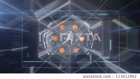 Image of icons and scanner processing data over digital athlete running 113612902