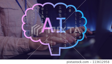 Image of ai text, icons and data processing over caucasian woman using computer Image of ai text, icons and data processing over caucasian woman using computer 113612958