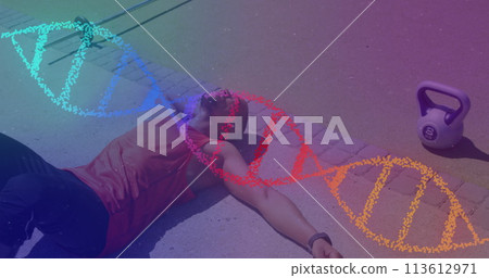 Image of colourful dna strand over male athlete resting after exercise outdoors 113612971