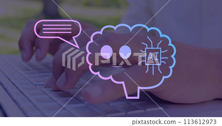 Image of ai text, icons and data processing over caucasian man using laptop 113612973