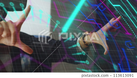 Data processing and neon scope scanner against woman in hijab wearing vr headset 113613091