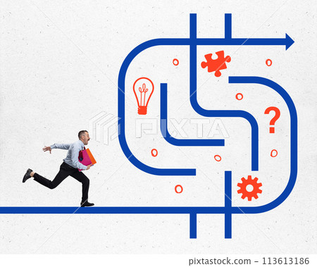 Contemporary art collage. Young man runs into labyrinth with different tasks that he must overcome in order to get on smooth road of success Contemporary art collage. Young man runs into labyrinth with different tasks that he must overcome in order to get on smooth road of success 113613186