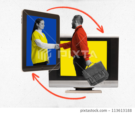 Contemporary art collage. Young businessman stands in computer monitor shaking hands with woman stands in tablet. 113613188