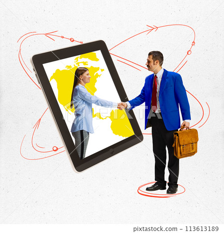 Contemporary art collage. Man with briefcase, dressed colorful retro attire shaking hands with woman standing inside tablet. 113613189