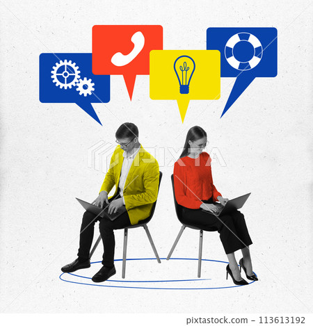 Contemporary art collage. Man and woman, colleagues, working online in laptops with speech bubbles with icons above. Contemporary art collage. Man and woman, colleagues, working online in laptops with speech bubbles with icons above. 113613192