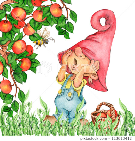 Composition of watercolor hand drawn cute Nordic Scandinavian gnomes and flowers and leaves watercolor illustration. Design for baby shower party, birthday, cake, holiday celebration, greetings cards. 113613412