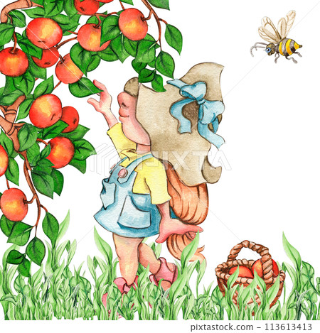 Composition of watercolor hand drawn cute Nordic Scandinavian gnomes and flowers and leaves watercolor illustration. Design for baby shower party, birthday, cake, holiday celebration, greetings cards. 113613413