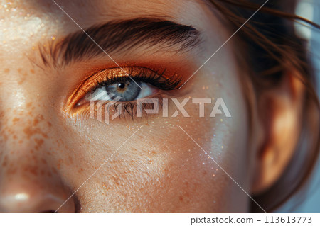 Model with chic eye makeup and beautiful eye shadow. Generative AI Model with chic eye makeup and beautiful eye shadow. Generative AI 113613773