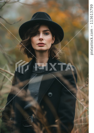 Woman wearing style daily autumn dressing. Female casual street style outfit. Generative AI 113613799