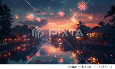 Fireworks lighting up the predawn sky on Vishu, traditional Kerala homes in background. AI Generated 113613804