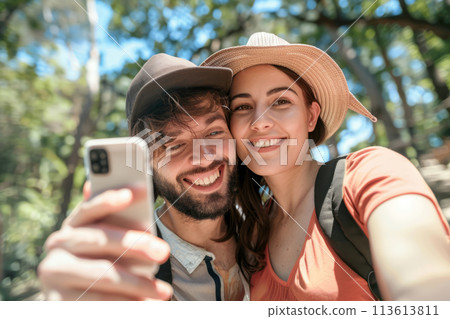 Happy traveling couple making selfie with smartphone. Generative AI 113613811