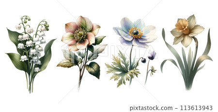 Set of four spring flowers, Vintage botanical 113613943