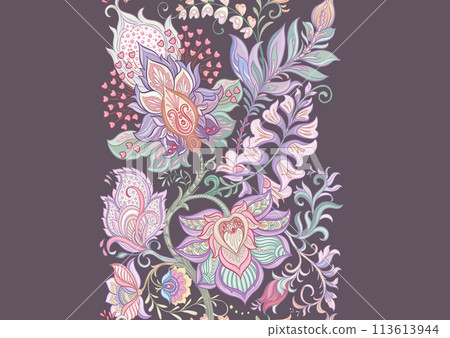 Fantasy flowers in retro, vintage, jacobean embroidery style 113613944
