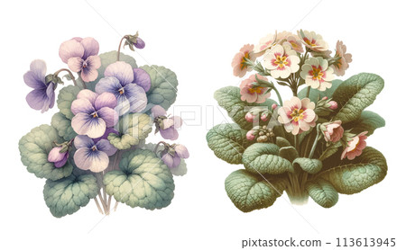 Primrose and forest viola flowers, Vintage botanical Primrose and forest viola flowers, Vintage botanical 113613945
