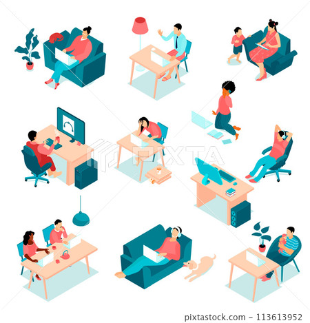 Isometric work from home illustration collection with people Isometric work from home illustration collection with people 113613952