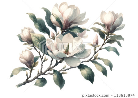 Magnolia branch with flowers and buds 113613974
