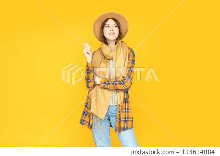 A stylish girl in a hat and scarf 113614084
