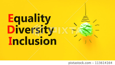 EDI equality diversity inclusion symbol. Concept words EDI equality diversity inclusion on yellow paper on beautiful yellow background. Business EDI equality diversity inclusion concept. Copy space. EDI equality diversity inclusion symbol. Concept words EDI equality diversity inclusion on yellow paper on beautiful yellow background. Business EDI equality diversity inclusion concept. Copy space. 113614164