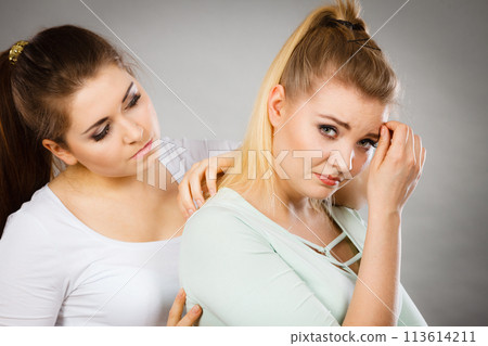 Woman hugging her sad female friend 113614211