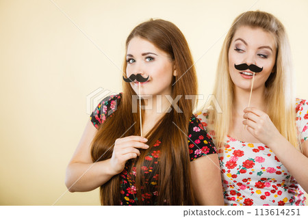 Two happy women holding fake moustache on stick Two happy women holding fake moustache on stick 113614251