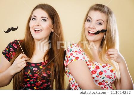 Two happy women holding fake moustache on stick 113614252
