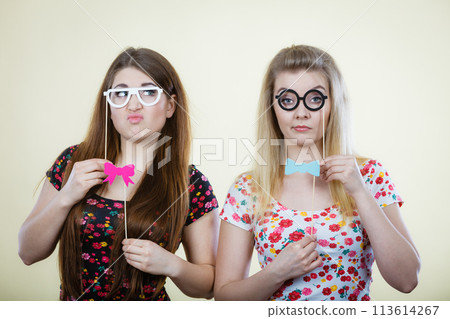 Two serious women holding carnival accessoies on stick Two serious women holding carnival accessoies on stick 113614267